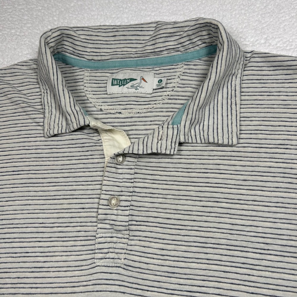 Wellen Hemp Polo Shirt Striped Huckberry Mens Large White Navy Short Sleeve Tee